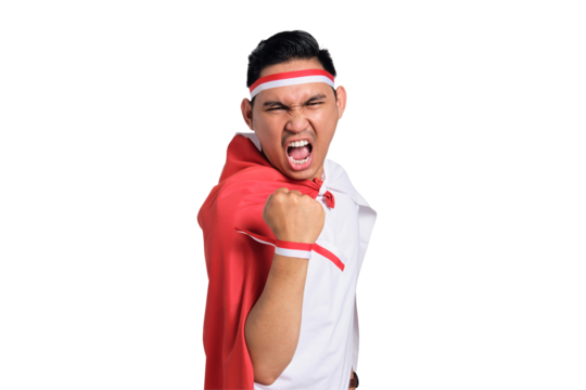 Excited young Asian men celebrate Indonesian independence day on 17 August, standing with raised hands isolated on transparent background