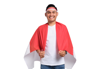 Young Asian men celebrate Indonesian independence day on 17 August with the Indonesian flag isolated on transparent background
