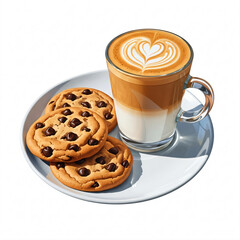 A glass mug with layered coffee and heart-shaped latte art on a white plate with three chocolate chip cookies.