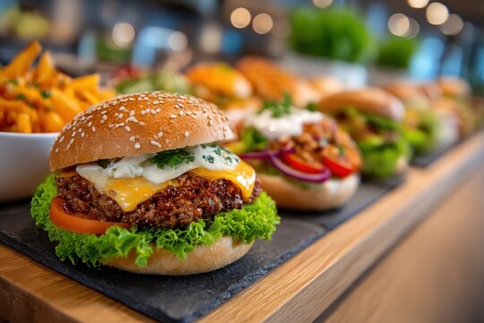 Freshly made burgers on a buffet