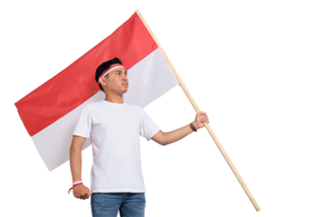 Young Asian men celebrate Indonesian independence day on 17 August by holding the Indonesian flag isolated on transparent background