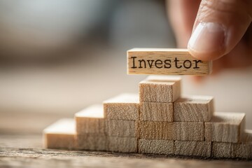 Hand Placing Wooden Block Labeled Investor on Top of Stacked Blocks for Growth Concept