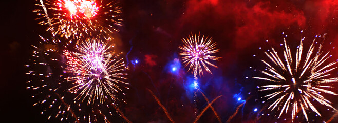 Banner Red Firework celebrate anniversary happy new year 2025 4th of july holiday festival. Banner...