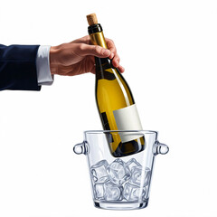 A hand holds a wine bottle above a clear ice bucket with ice cubes.