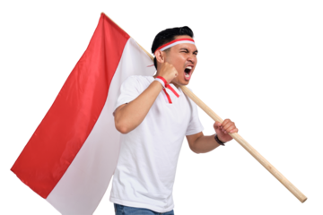 Excited young Asian man celebrate Indonesian independence day on 17 August by holding the Indonesian flag isolated on transparent background