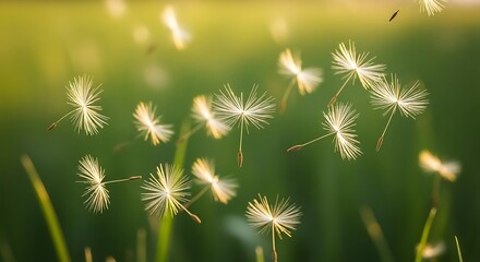 Obraz premium Dandelion seeds floating in the air, carried by the wind in a natural, green environment.