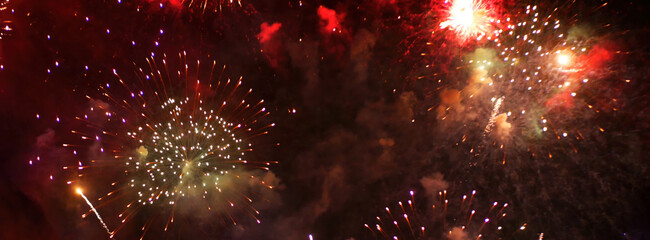 Banner Red Firework celebrate anniversary happy new year 2025 4th of july holiday festival. Banner...