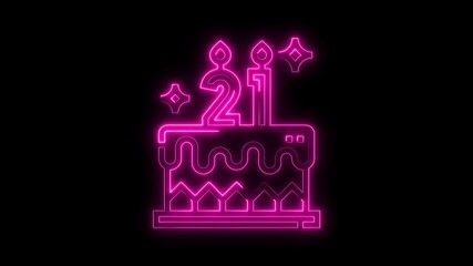 Glowing neon 21st birthday cake celebration animation on black background for celebratory occasion