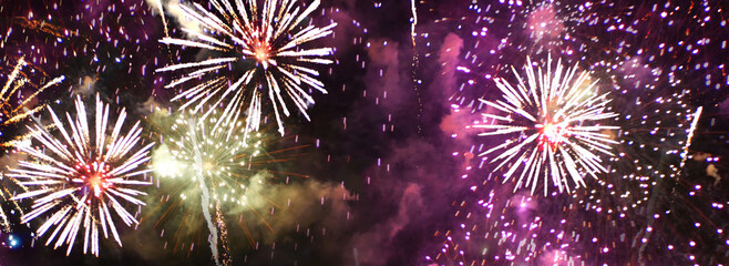 Banner Purple Firework celebrate anniversary happy new year 2025, 4th of july holiday festival. Banner Purple firework night time National holiday. Violet firework New year 2026 festival copy space
