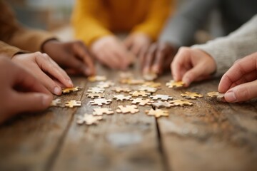 Diverse Hands of Team Members Collaborating to Combine Puzzle Pieces on a Wooden Table