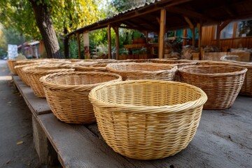 Rows of woven baskets of various hues line a wooden surface