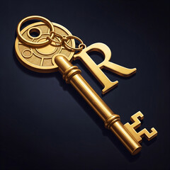 A large, ornate golden key with a letter R attached, lying on a dark background.