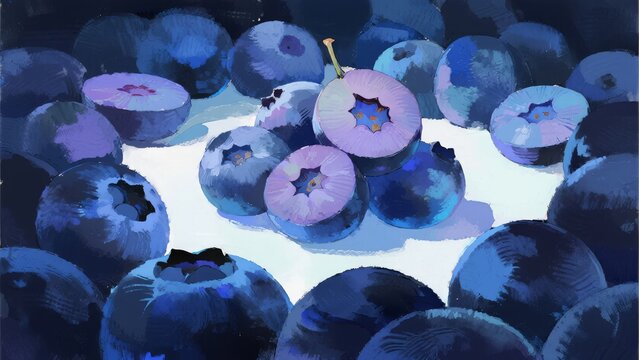 A close-up artistic rendering of blueberries with a focus on texture and color contrast