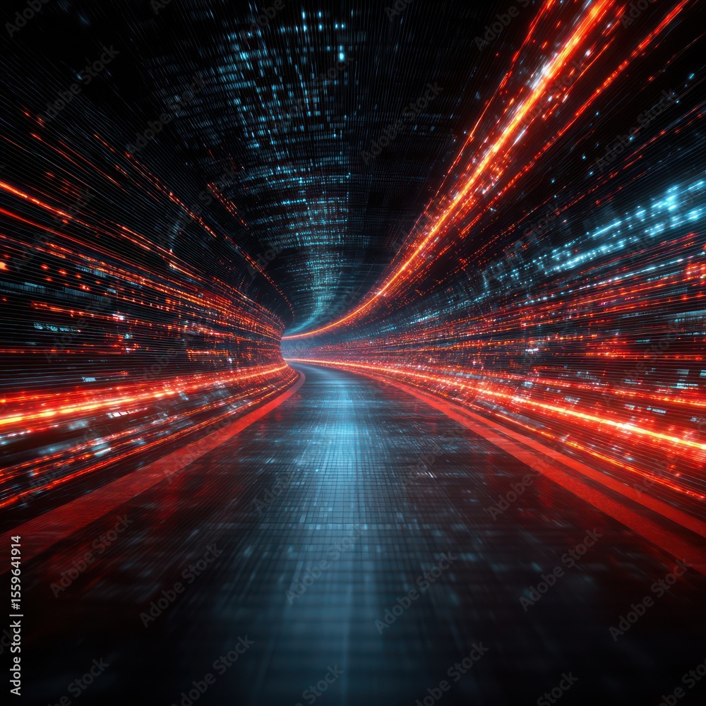 Poster digital tunnel design with vibrant red and blue lights and flowing data streams for dynamic visuals.