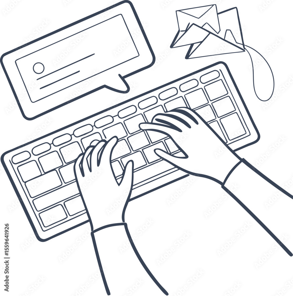 Poster overhead view of hands typing on a keyboard with a speech bubble and envelopes symbolizing communica