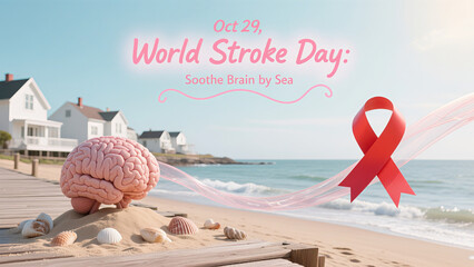 The beach, brain model, and red ribbon represent World Stroke Day using the seaside to heal the brain, used for health rehabilitation and public welfare promotion scenes.
