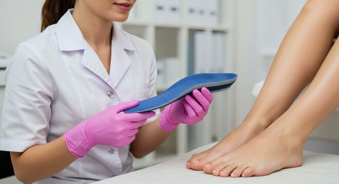 A medical professional in a white coat and pink gloves examines a patient's foot while holding a blue and grey orthopedic insole.