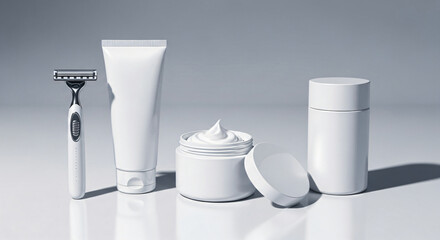 A set of four white grooming products including a razor, tube, jar, and cylindrical container.