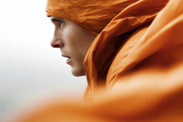 dynamic portrait of base jumper in bright orange suit positioned left in frame showing sense of freedom
