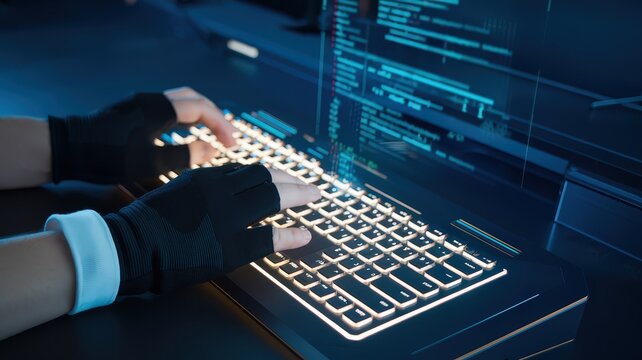 Cybersecurity action hacking simulation in a high-tech environment close-up view of a programmer's hands