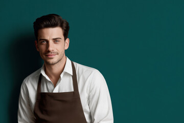 friendly waiter with soft smile positioned on right side of frame against clean light background