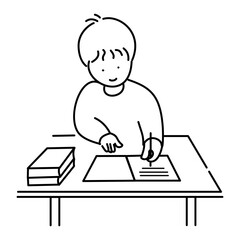 School boy character learning concept at desk, writing and doing homework. doodle Vector illustration design.