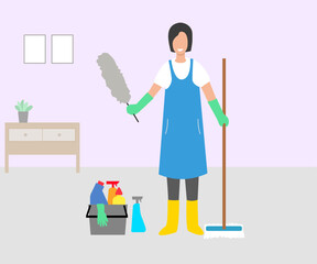 Cleaner girl in uniform with mop and cleaning equipment. Professional cleaning service worker, Vector illustration cartoon character.