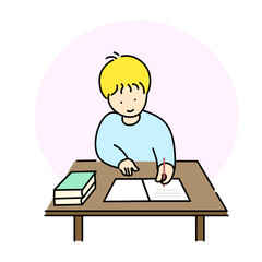A boy is sitting and working on an exercise or exam at school with books on table. Vector illustration design.