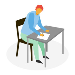 Fototapeta premium Students taking exams in a classroom. Schoolboy learning to exam in library. Vector illustration design.