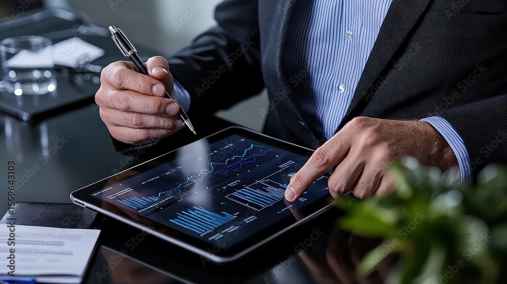 Poster business professional analyzing data trends on tablet office environment digital analytics close-up 