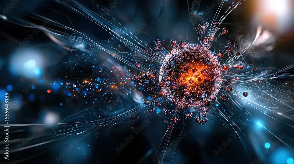 Poster Dynamic atomic particle interaction abstract space digital artwork creative environment close-up view scientific concept