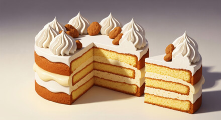 A three-layer cake with swirls of white frosting and small round cookies on top, with a slice removed.