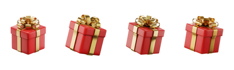 red Christmas gift boxes with golden ribbon icon 3D isolated on transparent background, in PNG format, cut out
