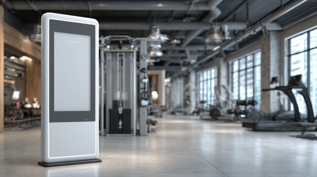 A digital kiosk is positioned in a contemporary gym filled with various workout machines and equipment, showcasing an open and well-lit environment, ideal for fitness enthusiasts.