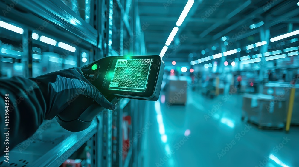 Poster warehouse scanning operation logistics facility action shot industrial environment close-up efficien