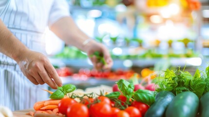 Hands arranging fresh, vibrant vegetables and herbs on a cutting board for healthy cooking and meal preparation