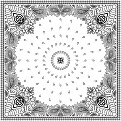 Bandana paisley square ethnic floral hand drawn pattern.Ornament classic vintage vector elements black on white background.Design for scarf,headscarf,kerchief,hijab,tablecloth,print fabric,decoration.