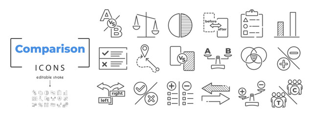 Comparison icon set with vector symbols for test, compare, versus, and business analysis. Includes vs, scale, and data tools for chart or finance use. Editable stroke.