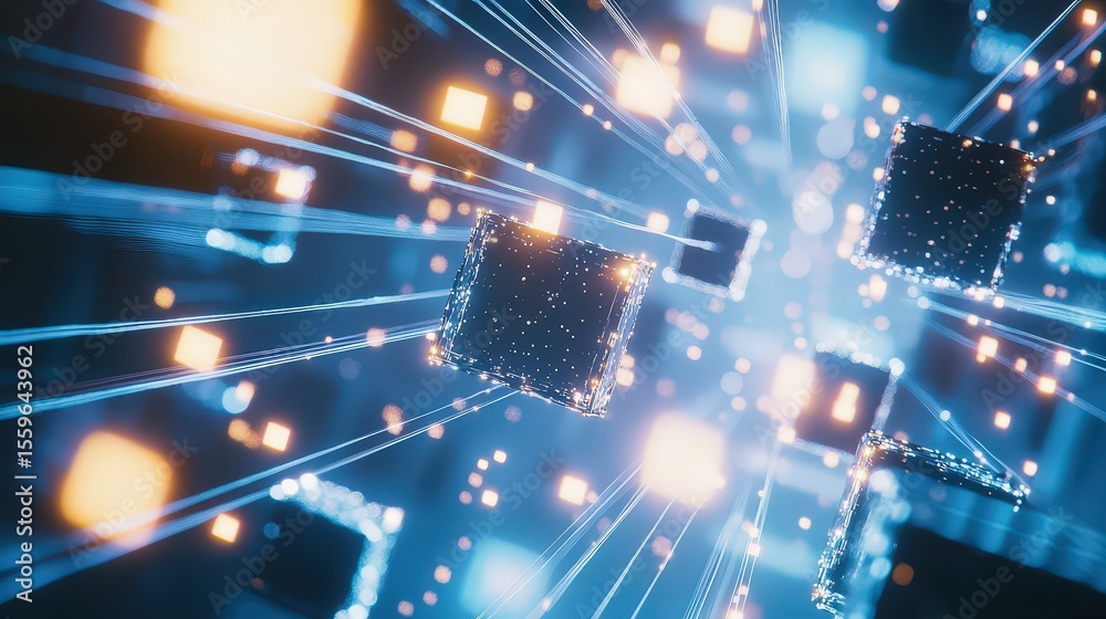 Poster Exploring data flow dynamics virtual space digital art high-tech environment abstract viewpoint future concept