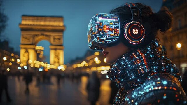 Woman in VR headset, exploring a virtual Paris cityscape at night