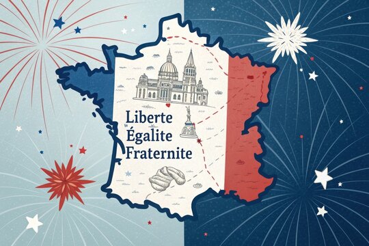 France map with national motto and fireworks celebration