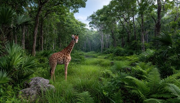 Giraffe in a lush forest