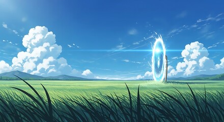 Serene Meadow Meets Mystical Portal Under Azure Skies.