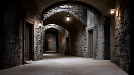 Obraz premium A first-person camera moving through a medieval castle hallway, torchlight flickering on stone walls, echoing footsteps, immersive fantasy ambiance