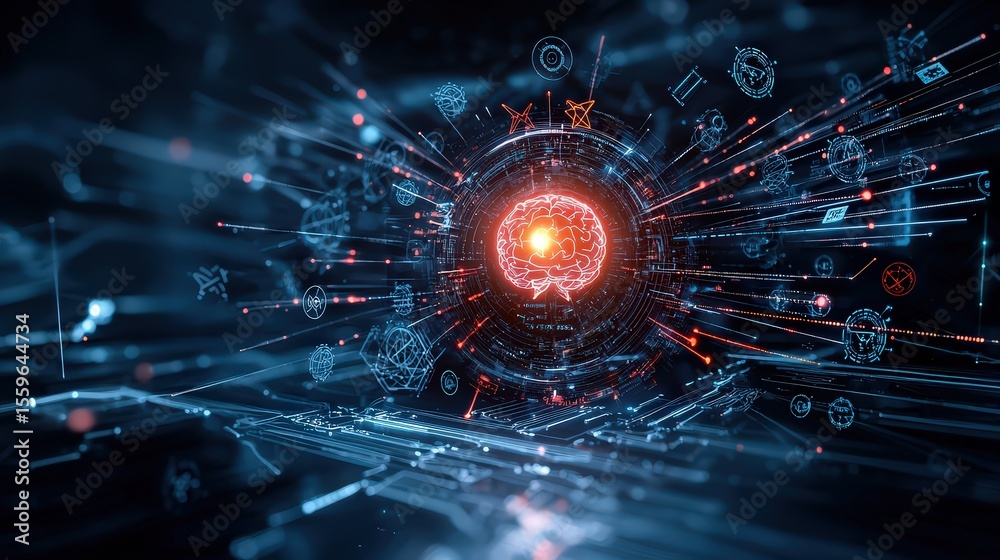 Poster Dynamic ai brain visualization digital realm graphic art futuristic environment abstract view neural concept
