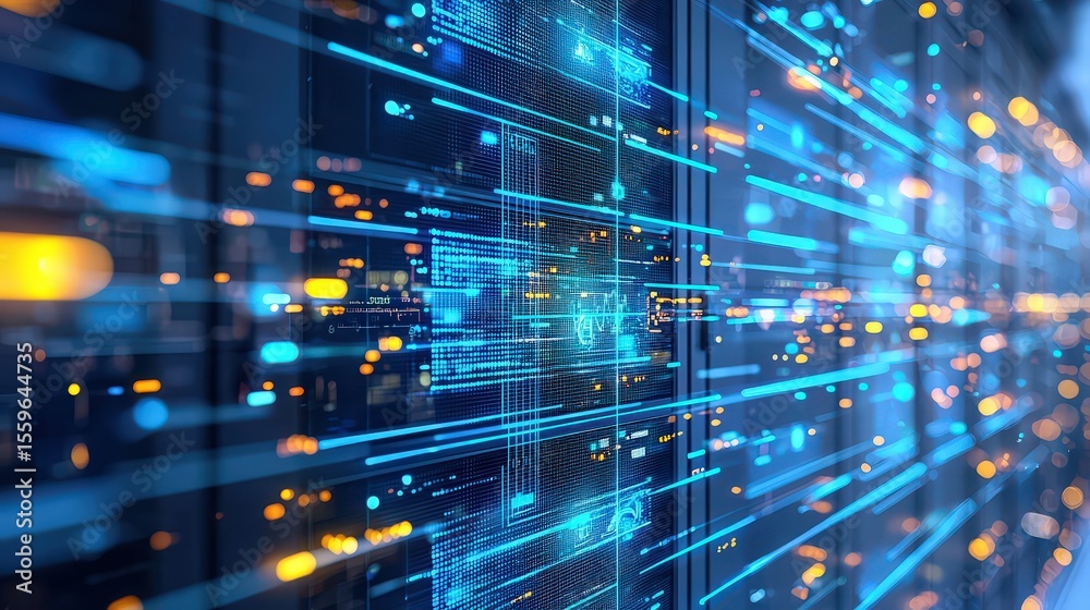 Poster Data flow visualization in modern data centers technology environment digital art perspective