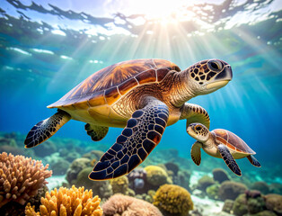 Obraz premium Mother and Baby Endangered Sea Turtle Swimming Together, isolated on transparent background.