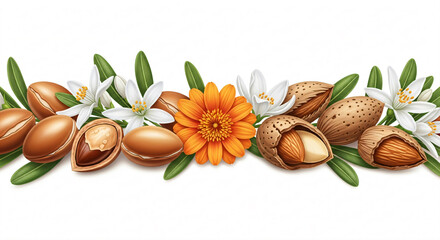 Arrangement of nuts and almonds with white and orange flowers on a white background.