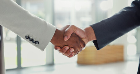 Business people, meeting and handshake with greeting for interview, partnership or agreement....