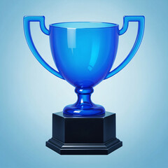Blue trophy on a black pedestal with a light blue background.
